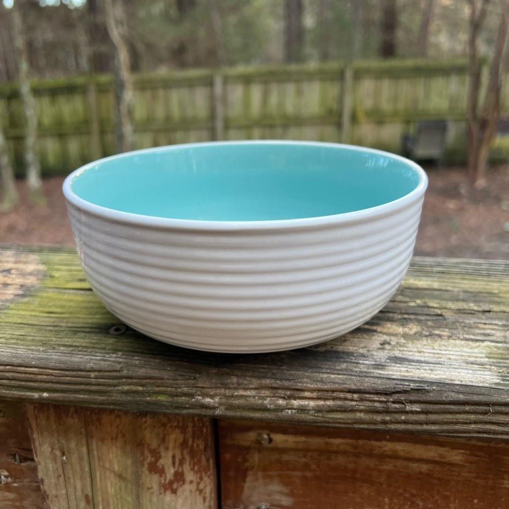 Gallery Tabletop Color Block Turquoise White Ribbed Bowl